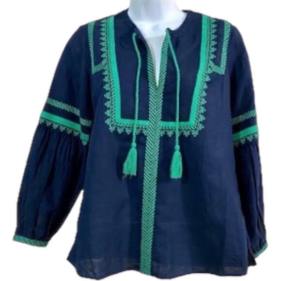 NWT J.CREW TOP NAVY EMBROIDERED LINEN-COTTON
LONG SLEEVE BLOUSE Size 00 - Picture 4 of 4
